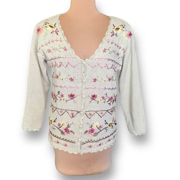 Vintage Cream Cardigan with Pink and Yellow Floral Embroidery - Picture 2 of 10